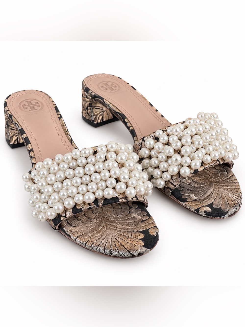 Tory Burch Tatiana Pearl Brocade Black Gold Heel Slides 6.5
